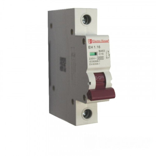 ElectroHouse Автоматический выключатель 1P 16A 45kA 230-400V IP20 ElectroHouse Автоматический выключатель 1P 16A 45kA 230-400V IP20